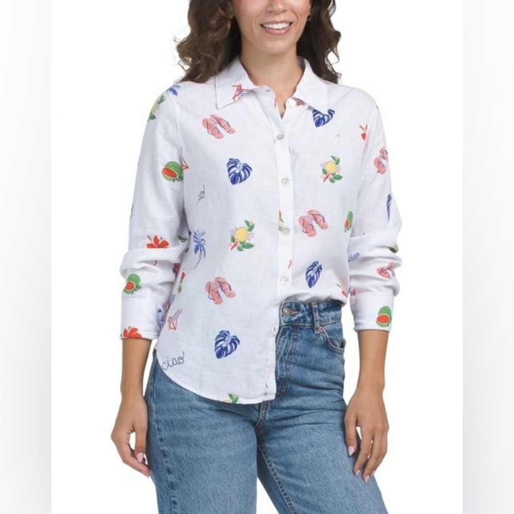 C&C California NWT White Button-Up Shirt with Multicolor Tropical Motifs Large